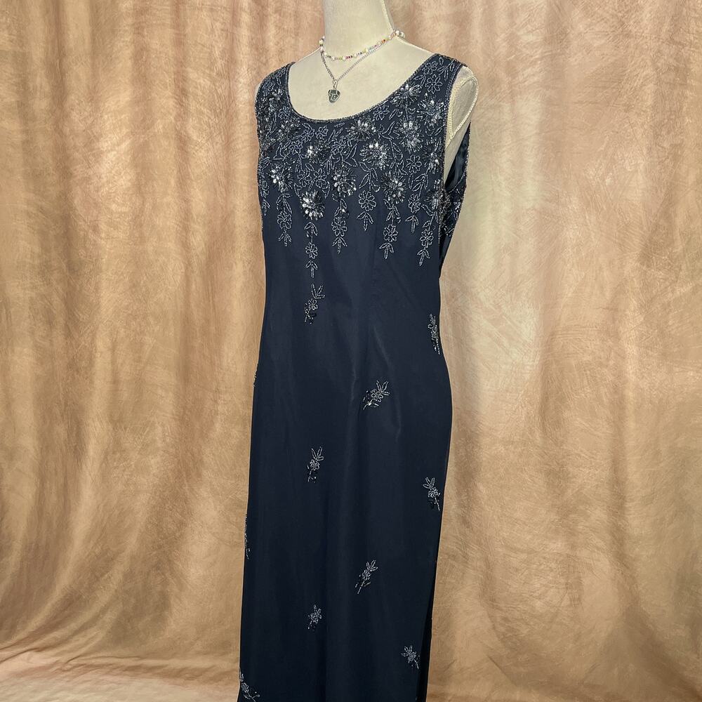 Vintage 90s Floral Beaded Maxi Dress Black Sleeveless Chiffon Whimsigoth Formal